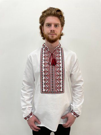 Подолянин- вишиванка чоловіча біла з червоно-чорним орнаментом