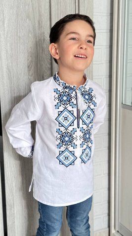 Boy&rsquo;s embroidered shirt &ldquo;Koloryt&rdquo; in white with light and dark blue embroidery